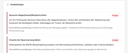 KI-Report Kastanienweg 12, Empfehlungen: Sensoren Abgas, Vorlauf und Rücklauf prüfen (Priorität hoch) und Ursache der Dauerwarnung klären (hoch), jeweils mit vermutlicher Auswirkung.