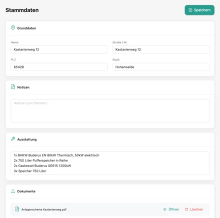 Launchpad, Stammdaten Kastanienweg 12: Grunddaten mit Adresse, Notizfeld, Ausstattung (1 BHKW Buderus EN 80 kW thermisch, 50 kW elektrisch, 2 Pufferspeicher 750 Liter, 2 Gaskessel Buderus GE615 1200 kW, 3 Speicher 750 Liter) und Dokumente mit „Anlagenschema Kastanienweg.pdf“.